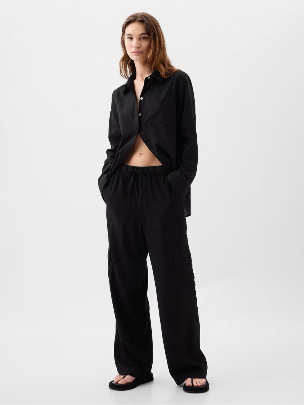 Gap Mid Rise Linen Blend Pull-On Cargo Pants, Black, Sz XL